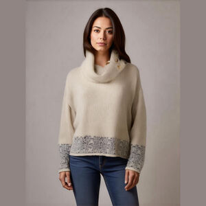 Tru Luxe Jeans Women's XL Cream Fair Isle Knitted Cowl Neck Pullover Sweater